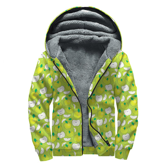 Green Apple Fruit Pattern Print Sherpa Lined Zip Up Hoodie