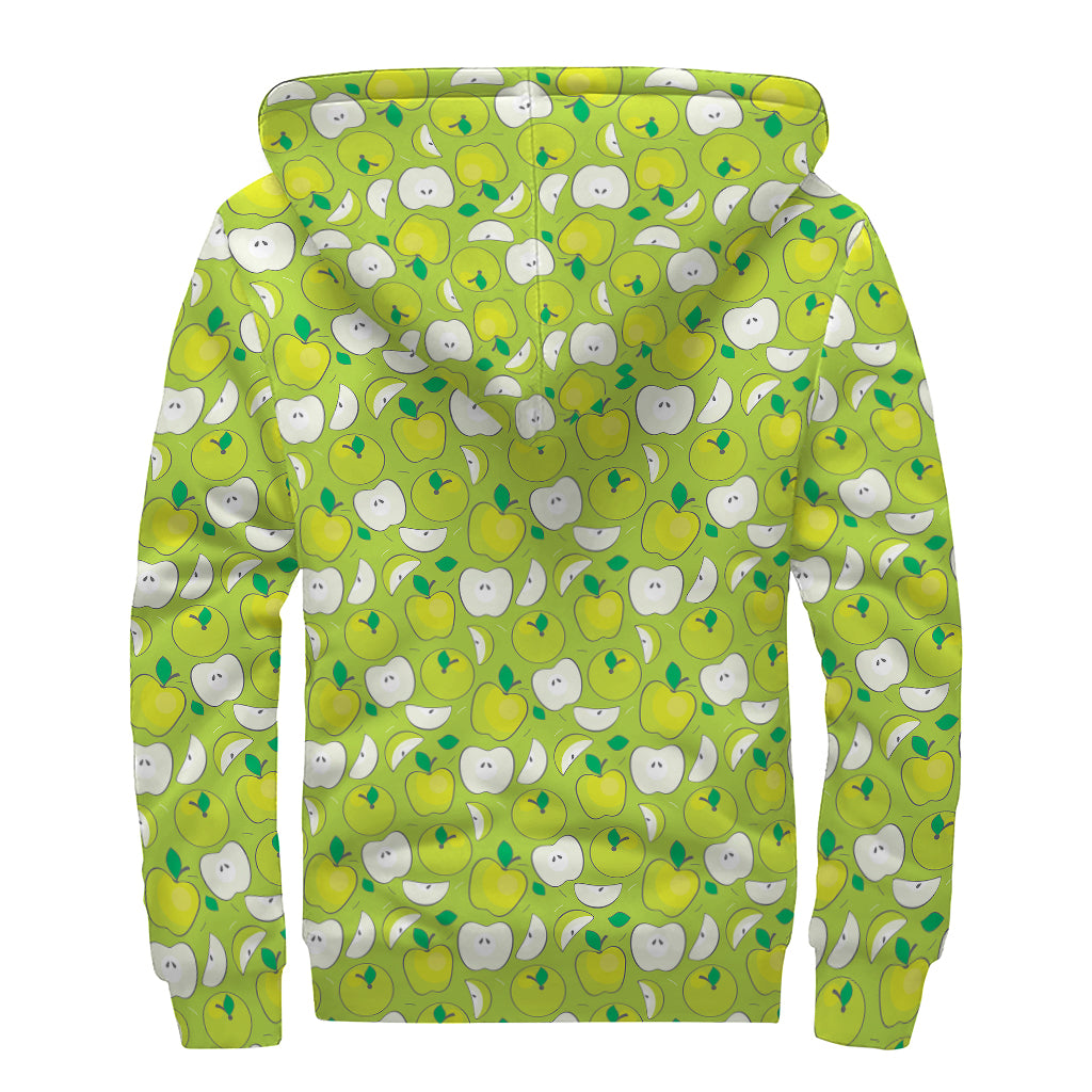 Green Apple Fruit Pattern Print Sherpa Lined Zip Up Hoodie