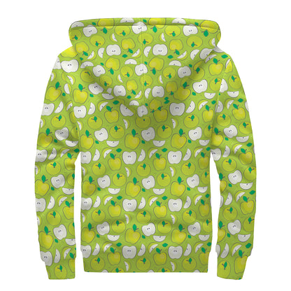 Green Apple Fruit Pattern Print Sherpa Lined Zip Up Hoodie