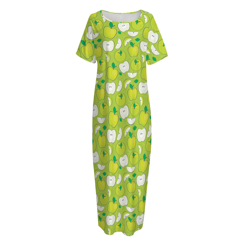 Green Apple Fruit Pattern Print Short Sleeve Long Nightdress
