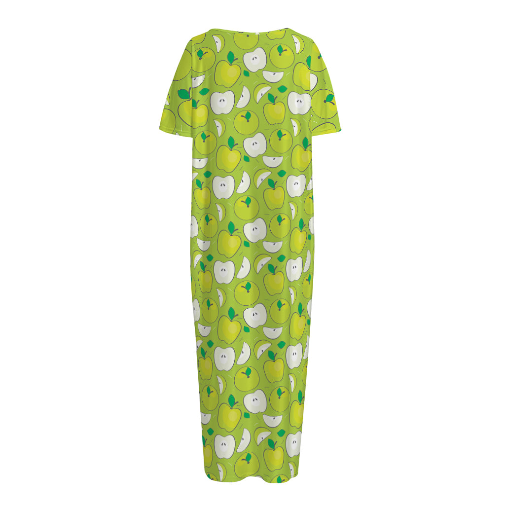 Green Apple Fruit Pattern Print Short Sleeve Long Nightdress