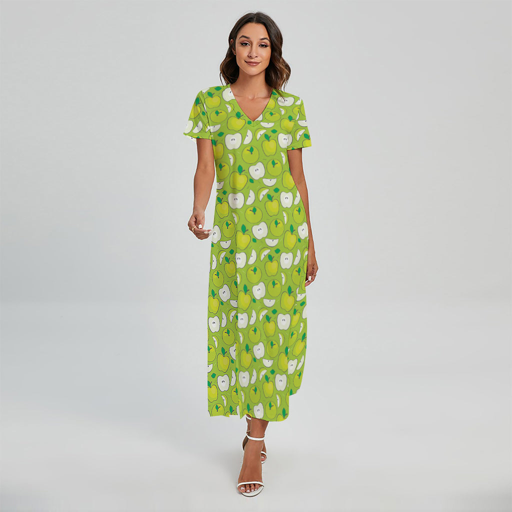Green Apple Fruit Pattern Print Short Sleeve Maxi Dress