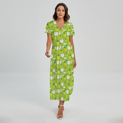 Green Apple Fruit Pattern Print Short Sleeve Maxi Dress