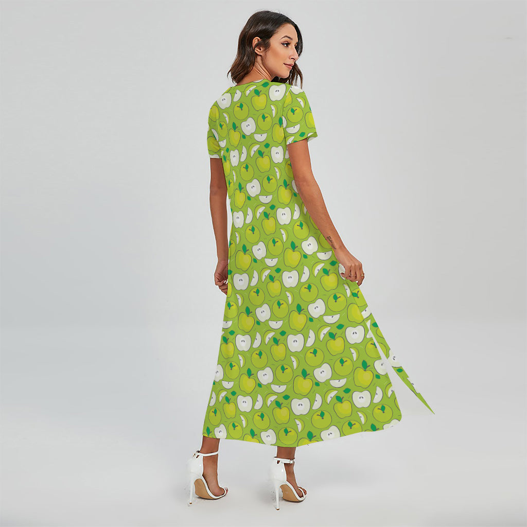 Green Apple Fruit Pattern Print Short Sleeve Maxi Dress