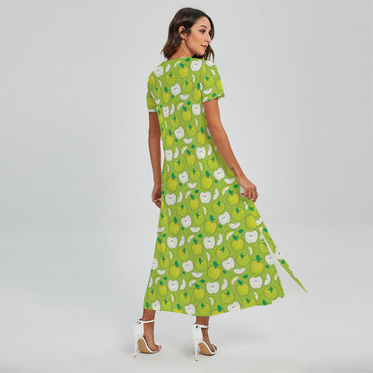 Green Apple Fruit Pattern Print Short Sleeve Maxi Dress
