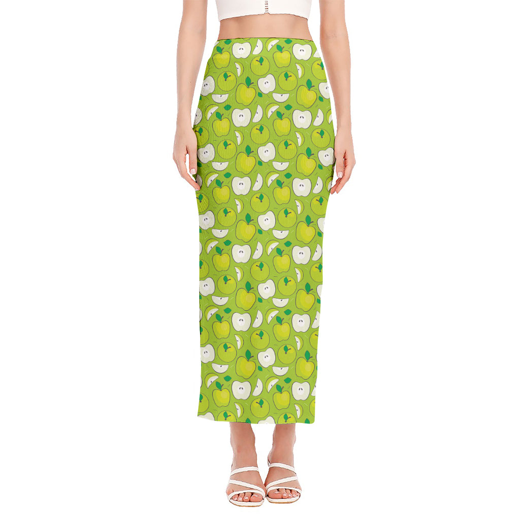 Green Apple Fruit Pattern Print Side Slit Maxi Skirt