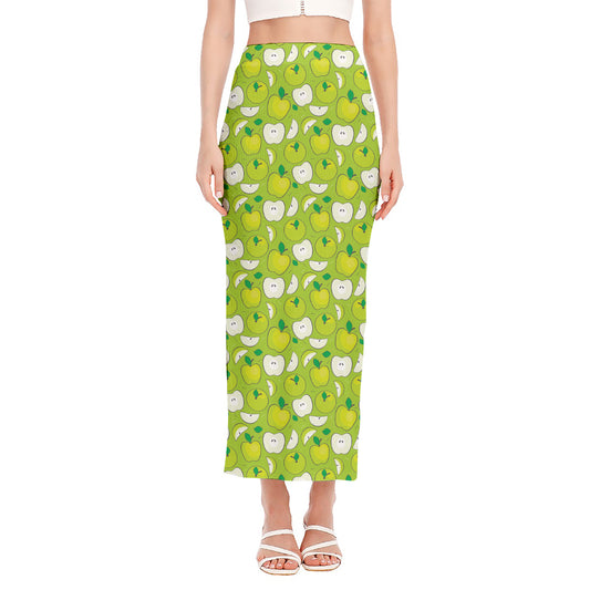 Green Apple Fruit Pattern Print Side Slit Maxi Skirt