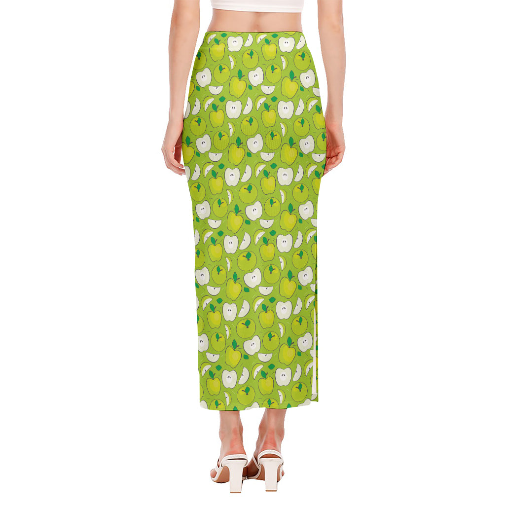 Green Apple Fruit Pattern Print Side Slit Maxi Skirt