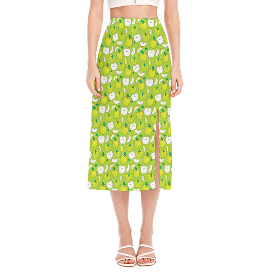 Green Apple Fruit Pattern Print Side Slit Midi Skirt