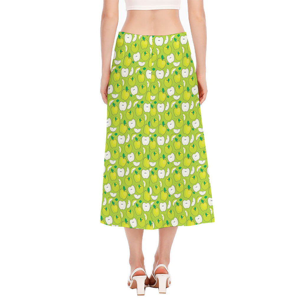 Green Apple Fruit Pattern Print Side Slit Midi Skirt
