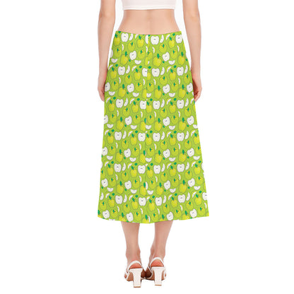 Green Apple Fruit Pattern Print Side Slit Midi Skirt