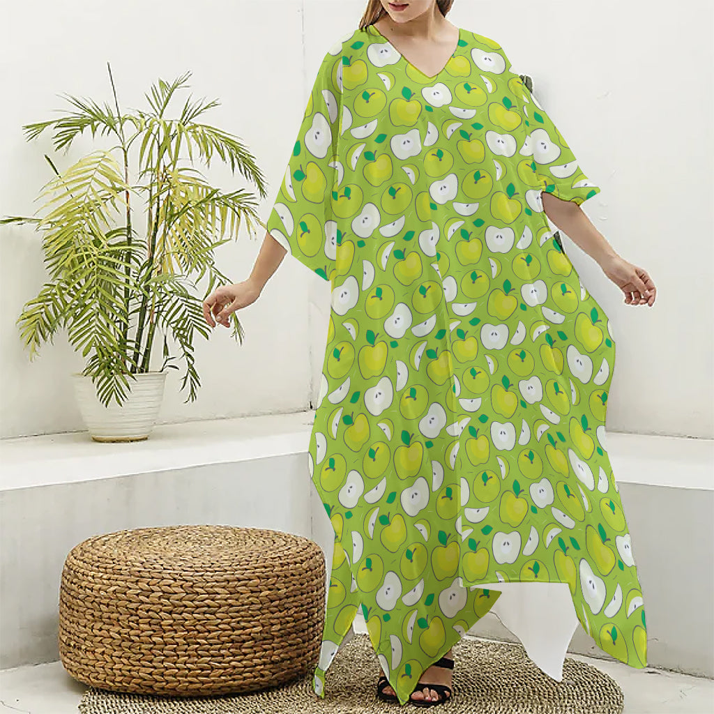Green Apple Fruit Pattern Print Silk V-Neck Kaftan Dress