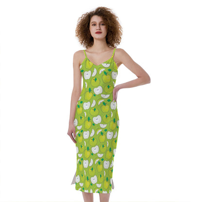 Green Apple Fruit Pattern Print Slim Fit Midi Cami Dress