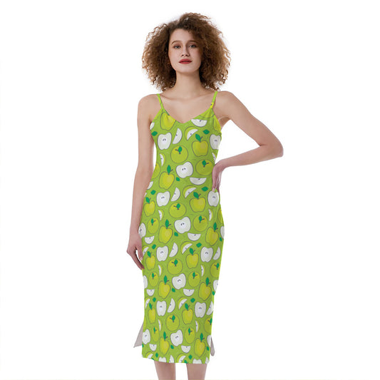 Green Apple Fruit Pattern Print Slim Fit Midi Cami Dress