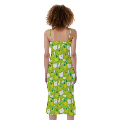 Green Apple Fruit Pattern Print Slim Fit Midi Cami Dress