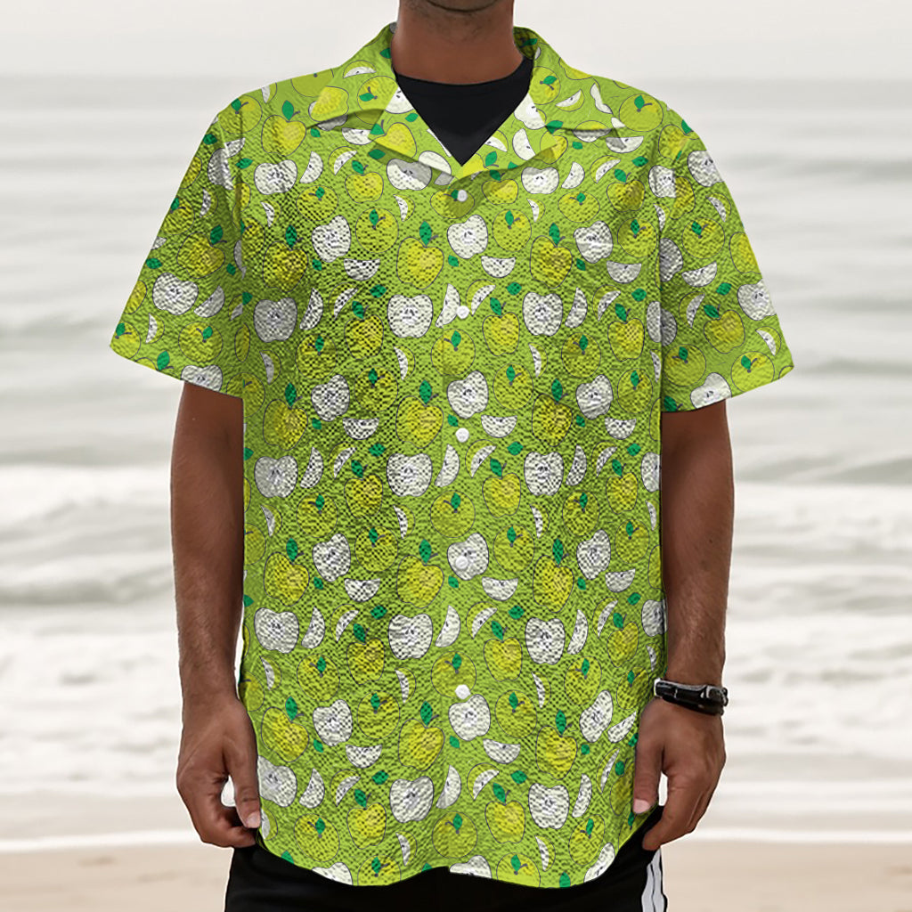 Green Apple Fruit Pattern Print Textured Short Sleeve Shirt