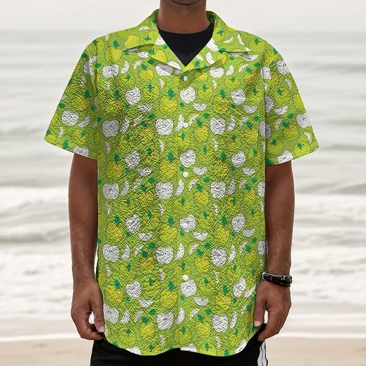 Green Apple Fruit Pattern Print Textured Short Sleeve Shirt