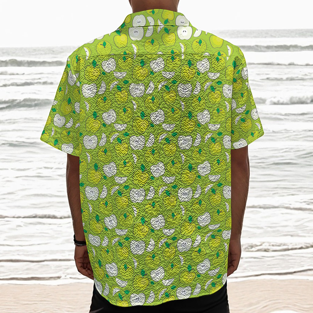 Green Apple Fruit Pattern Print Textured Short Sleeve Shirt