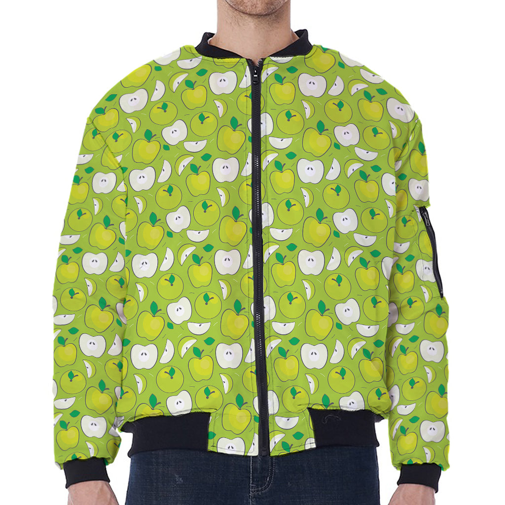Green Apple Fruit Pattern Print Zip Sleeve Bomber Jacket