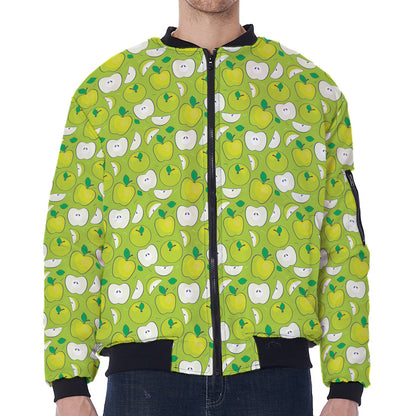 Green Apple Fruit Pattern Print Zip Sleeve Bomber Jacket