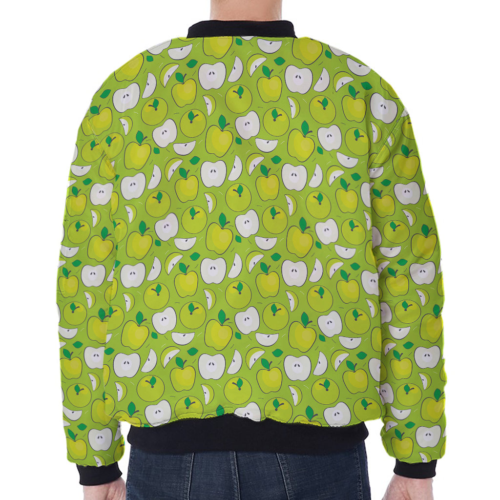 Green Apple Fruit Pattern Print Zip Sleeve Bomber Jacket