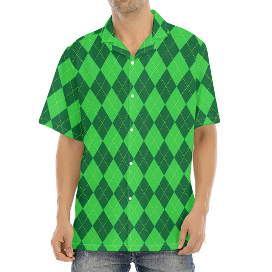 Green Argyle Pattern Print Aloha Shirt