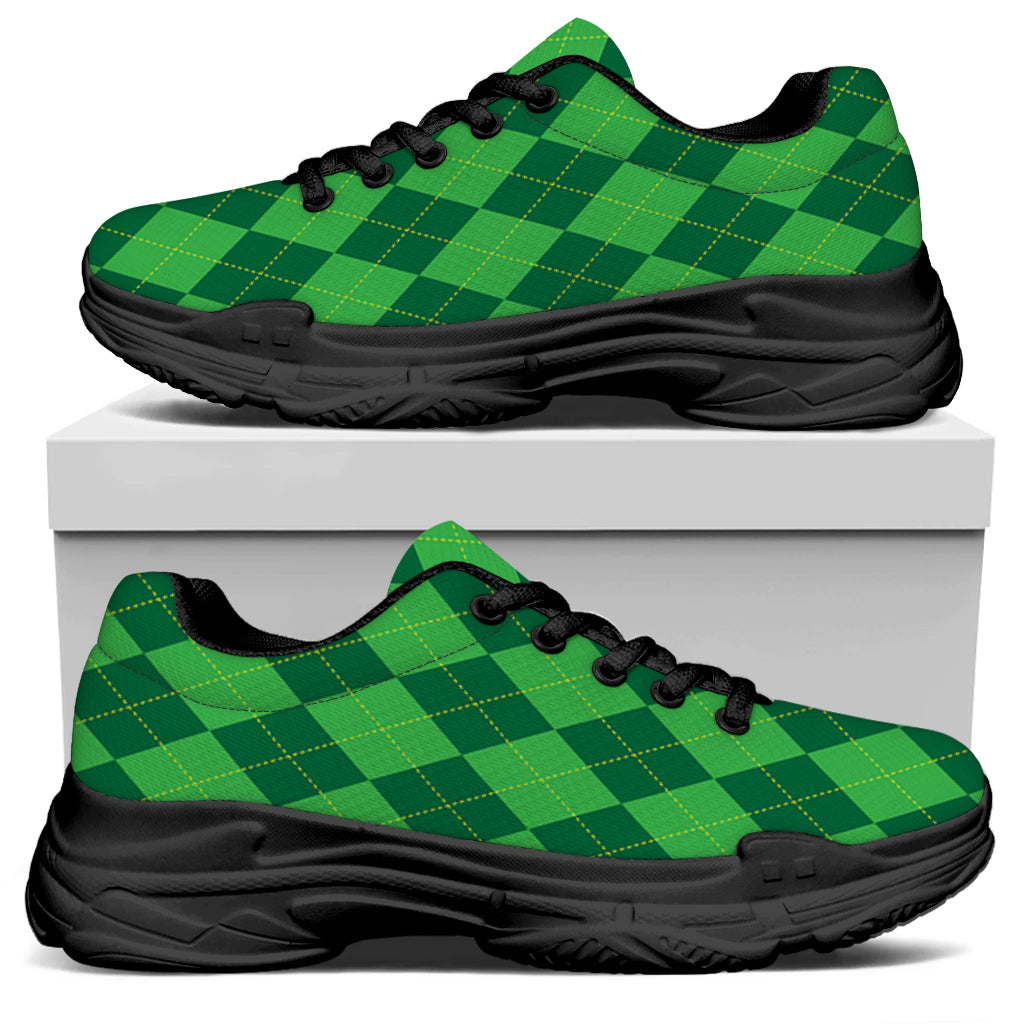 Green Argyle Pattern Print Black Chunky Shoes