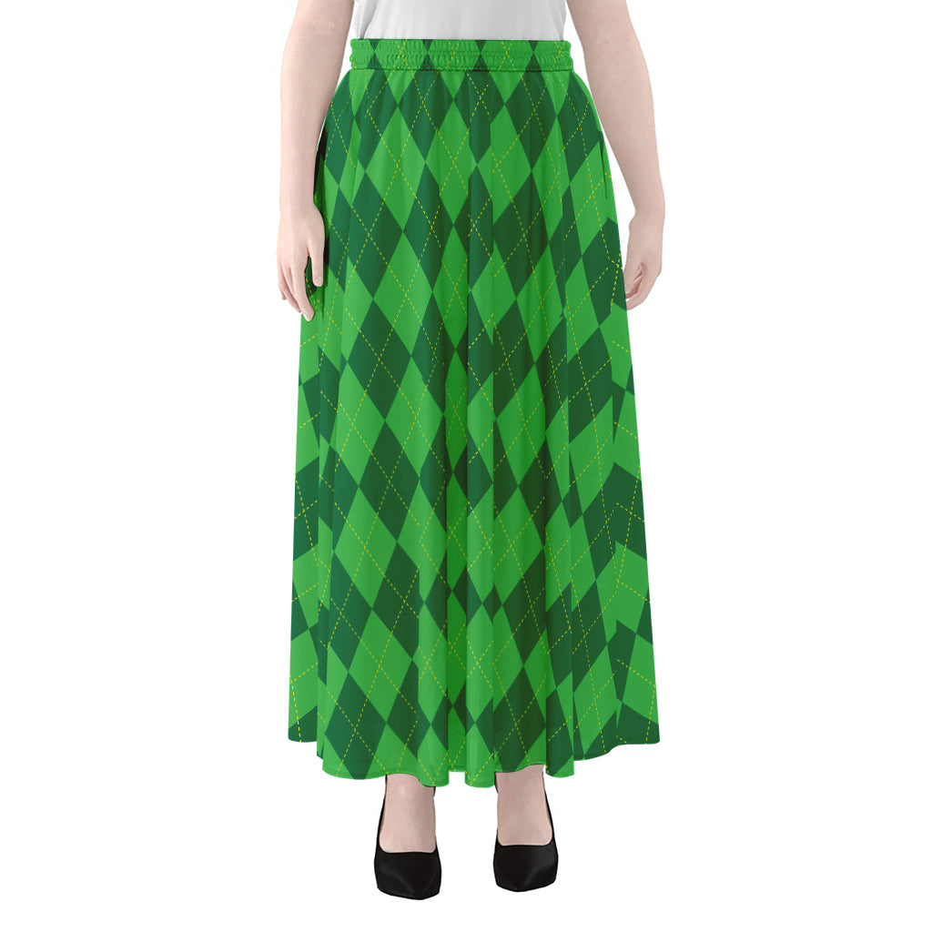 Green Argyle Pattern Print Chiffon Maxi Skirt