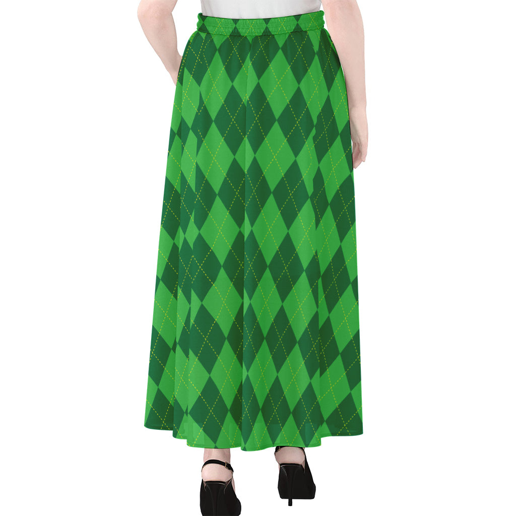 Green Argyle Pattern Print Chiffon Maxi Skirt