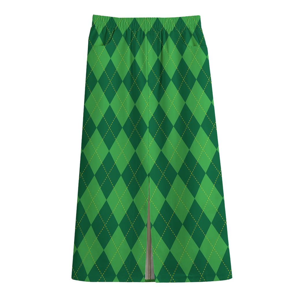 Green Argyle Pattern Print Cotton Front Slit Maxi Skirt