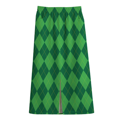 Green Argyle Pattern Print Cotton Front Slit Maxi Skirt