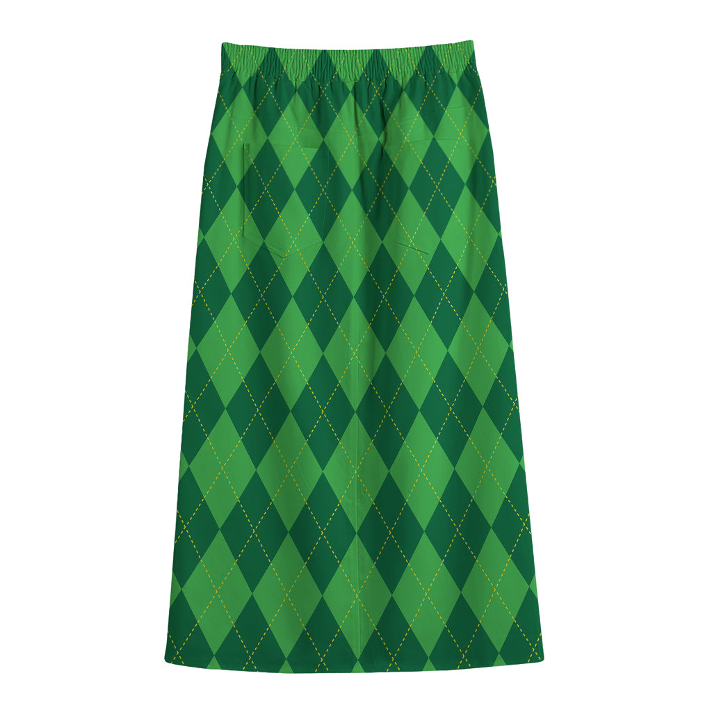 Green Argyle Pattern Print Cotton Front Slit Maxi Skirt