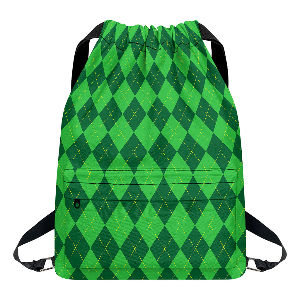 Green Argyle Pattern Print Drawstring Backpack