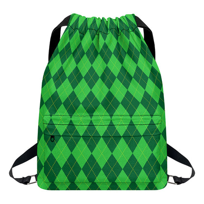 Green Argyle Pattern Print Drawstring Backpack