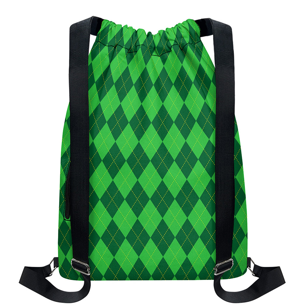 Green Argyle Pattern Print Drawstring Backpack