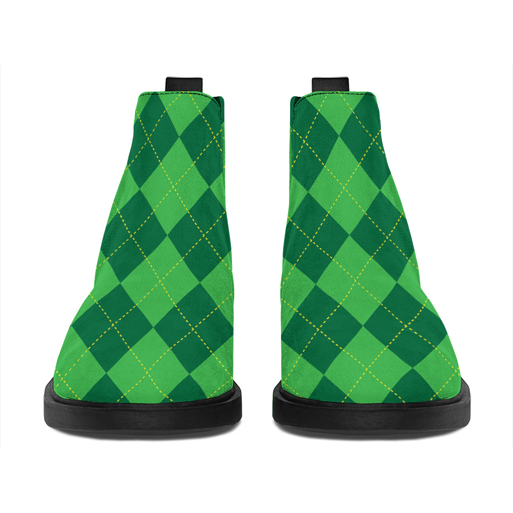 Green Argyle Pattern Print Flat Ankle Boots