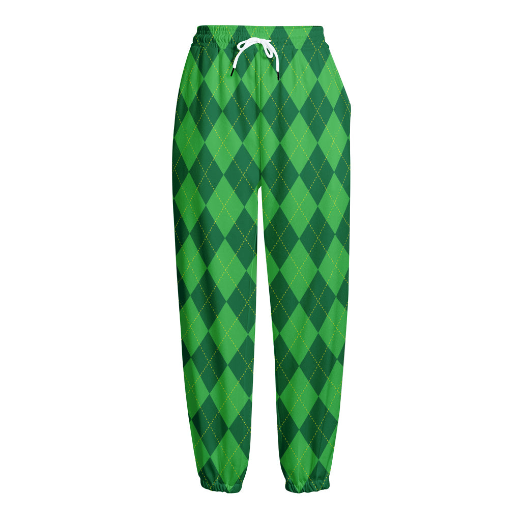 Green Argyle Pattern Print Fleece Lined Knit Pants