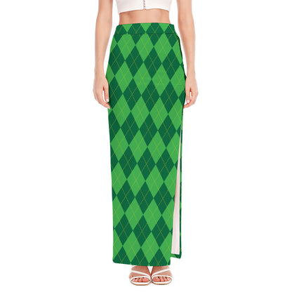 Green Argyle Pattern Print High Slit Maxi Skirt