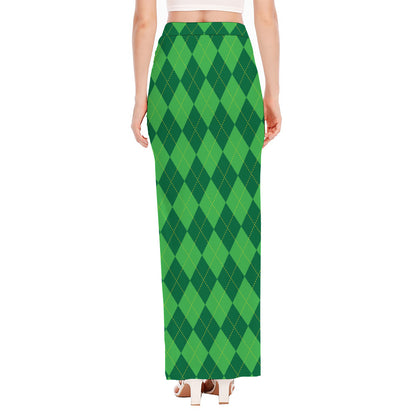 Green Argyle Pattern Print High Slit Maxi Skirt