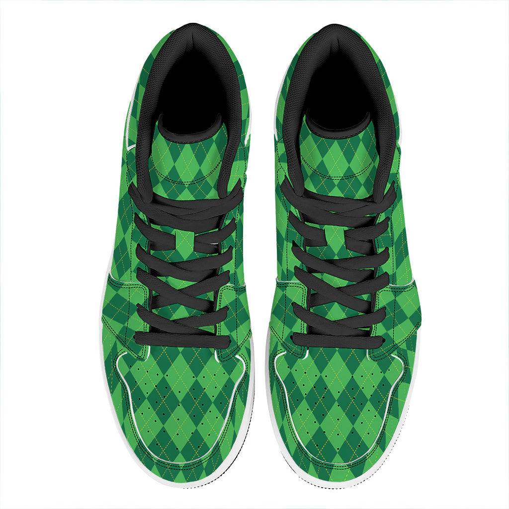 Green Argyle Pattern Print High Top Leather Sneakers