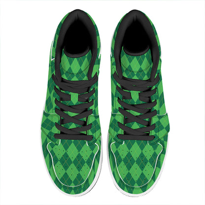 Green Argyle Pattern Print High Top Leather Sneakers
