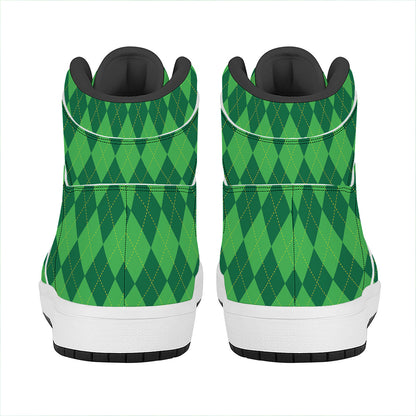 Green Argyle Pattern Print High Top Leather Sneakers