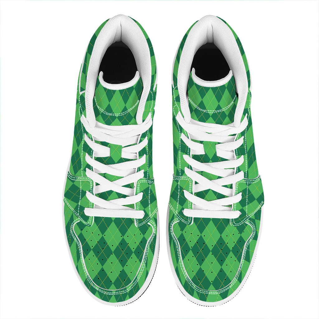 Green Argyle Pattern Print High Top Leather Sneakers