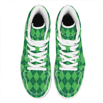 Green Argyle Pattern Print High Top Leather Sneakers