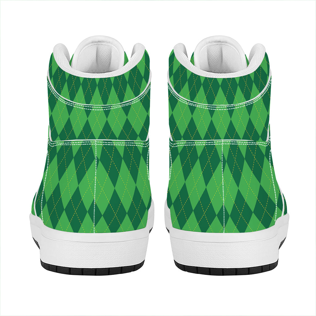 Green Argyle Pattern Print High Top Leather Sneakers