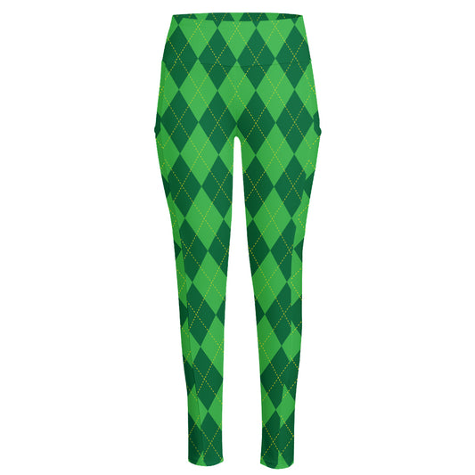 Green Argyle Pattern Print High-Waisted Pocket Leggings