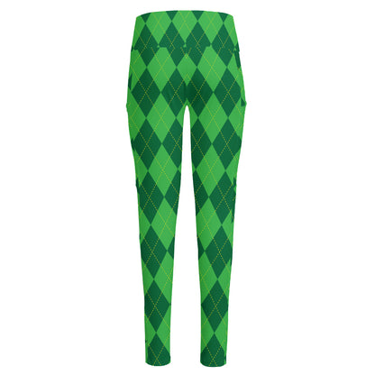 Green Argyle Pattern Print High-Waisted Pocket Leggings