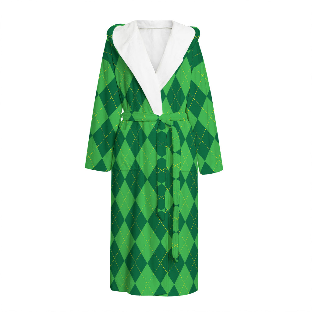 Green Argyle Pattern Print Hooded Bathrobe