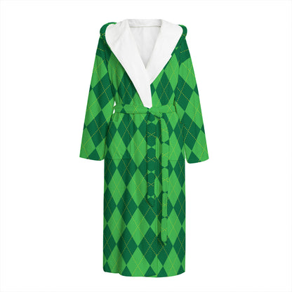 Green Argyle Pattern Print Hooded Bathrobe