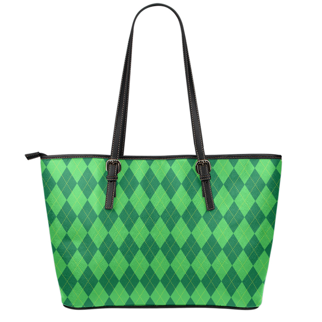 Green Argyle Pattern Print Leather Tote Bag